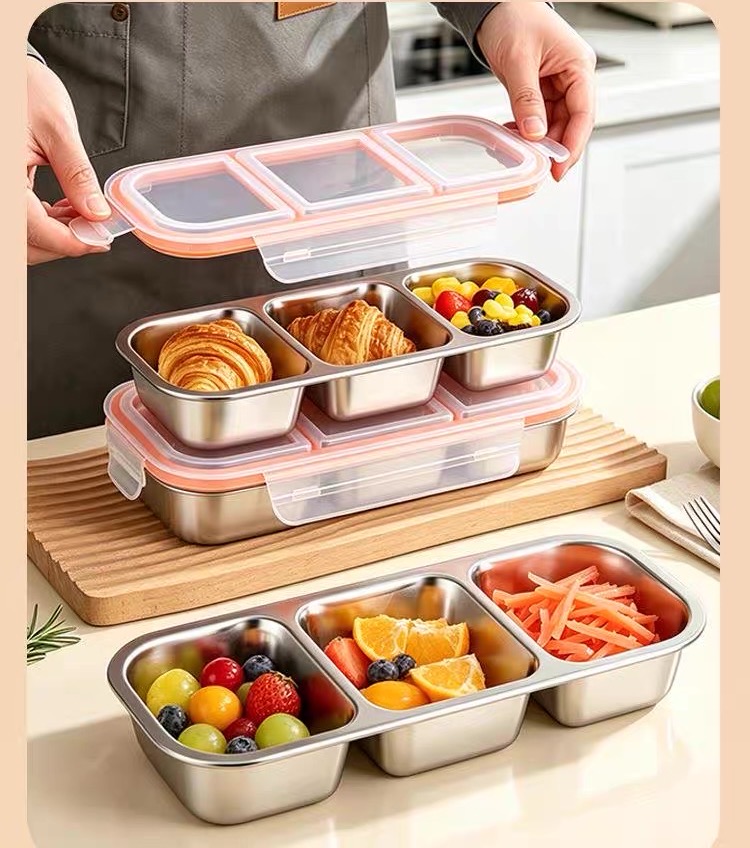 Dried Fruit - 仕切り付きで密閉できる、持ち運びに便利な小分け容器付きの304ステンレス製食品保存ボックス、食品グレードのランチボックス。